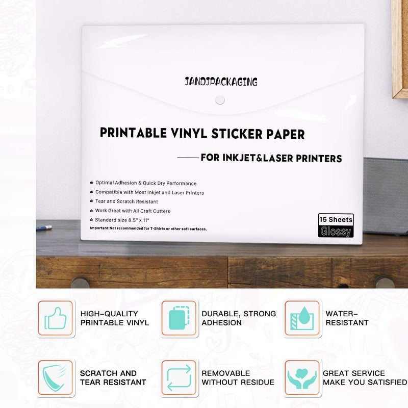 JANDJPACKAGING Printable Vinyl Sticker Paper - Waterproof Printable Vinyl for Laser & Inkjet Printer 15 Self-Adhesive Sheets - Glossy White - Standard Letter Size 8.5""x11"" - Image 5